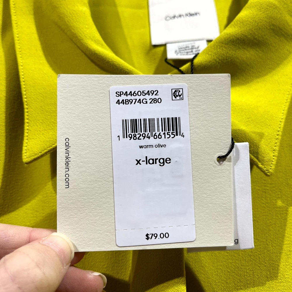 Calvin Klein‎ Crepe Shirt Womens XL Warm Olive Sleeveless Curved Hem Button Up - Picture 5 of 9
